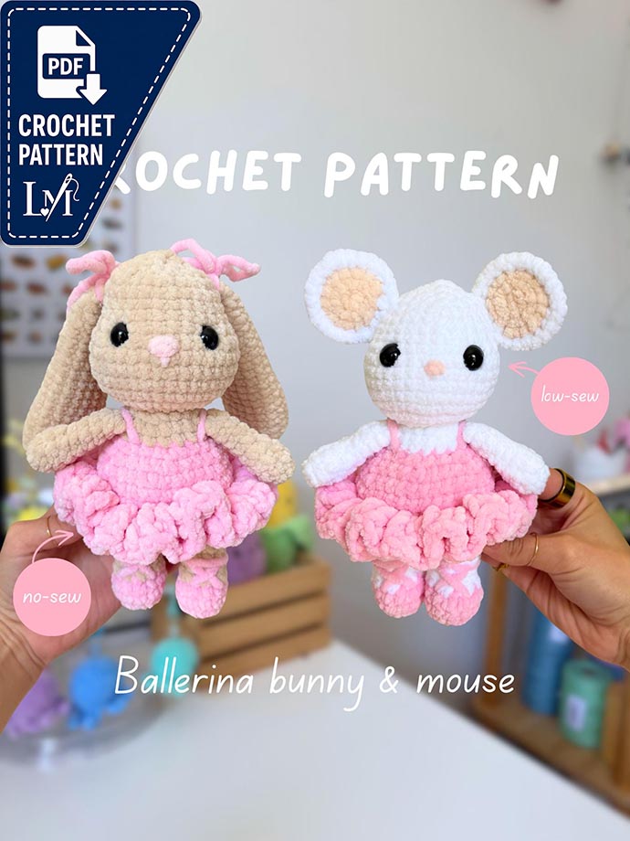 Low-Sew Ballerina Bunny & Mouse 2-in-1 Crochet Pattern | Amigurumi PDF Tutorial | Cute Animal Friends Plush Toy Pattern Download
